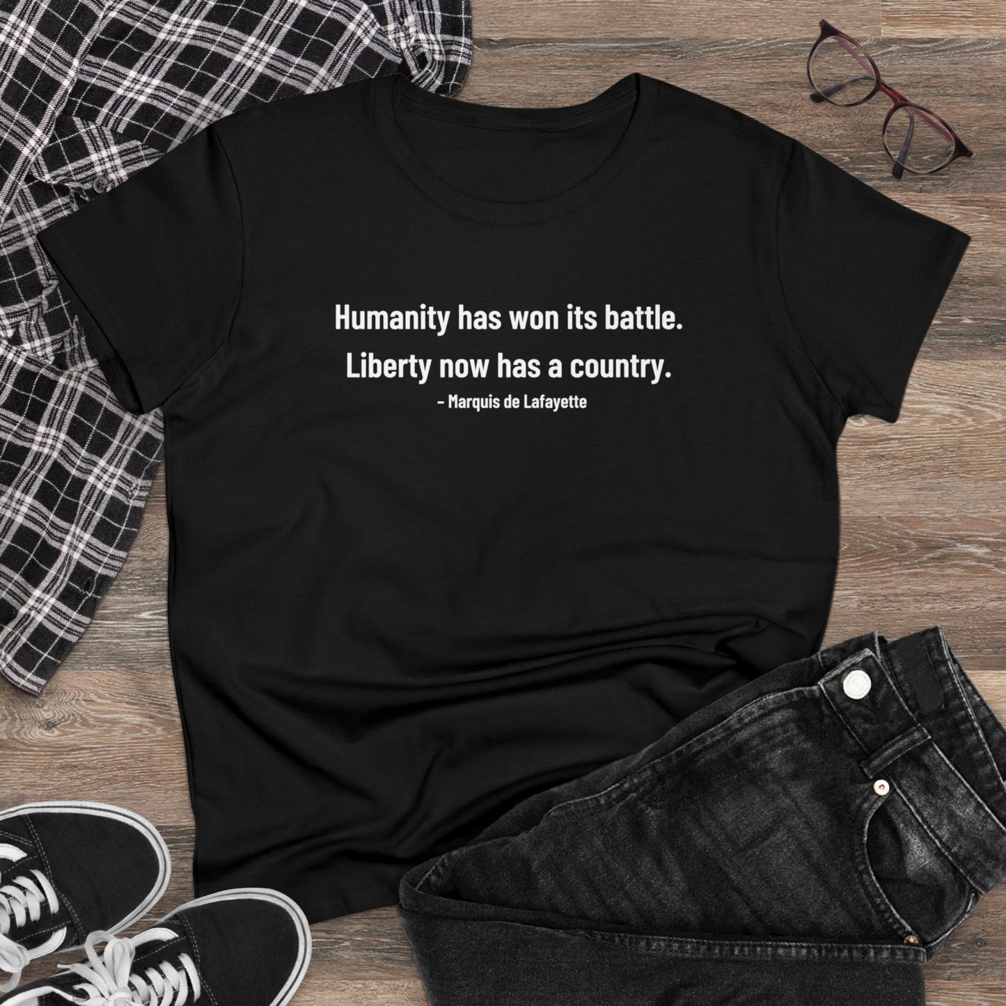 Lafayette Women's Tee Quote Cap Sleeves - Slightly Fitted Cotton - Quote, Bicentennial, Washington, Marquis, Hamilton, Humanity