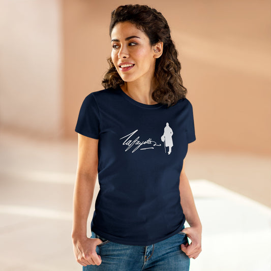 Two-sided Lafayette Women's Tee Silhouette Signature Cap Sleeves Midweight Cotton - Slightly Fitted - Quote on Back, Bicentennial, Marquis