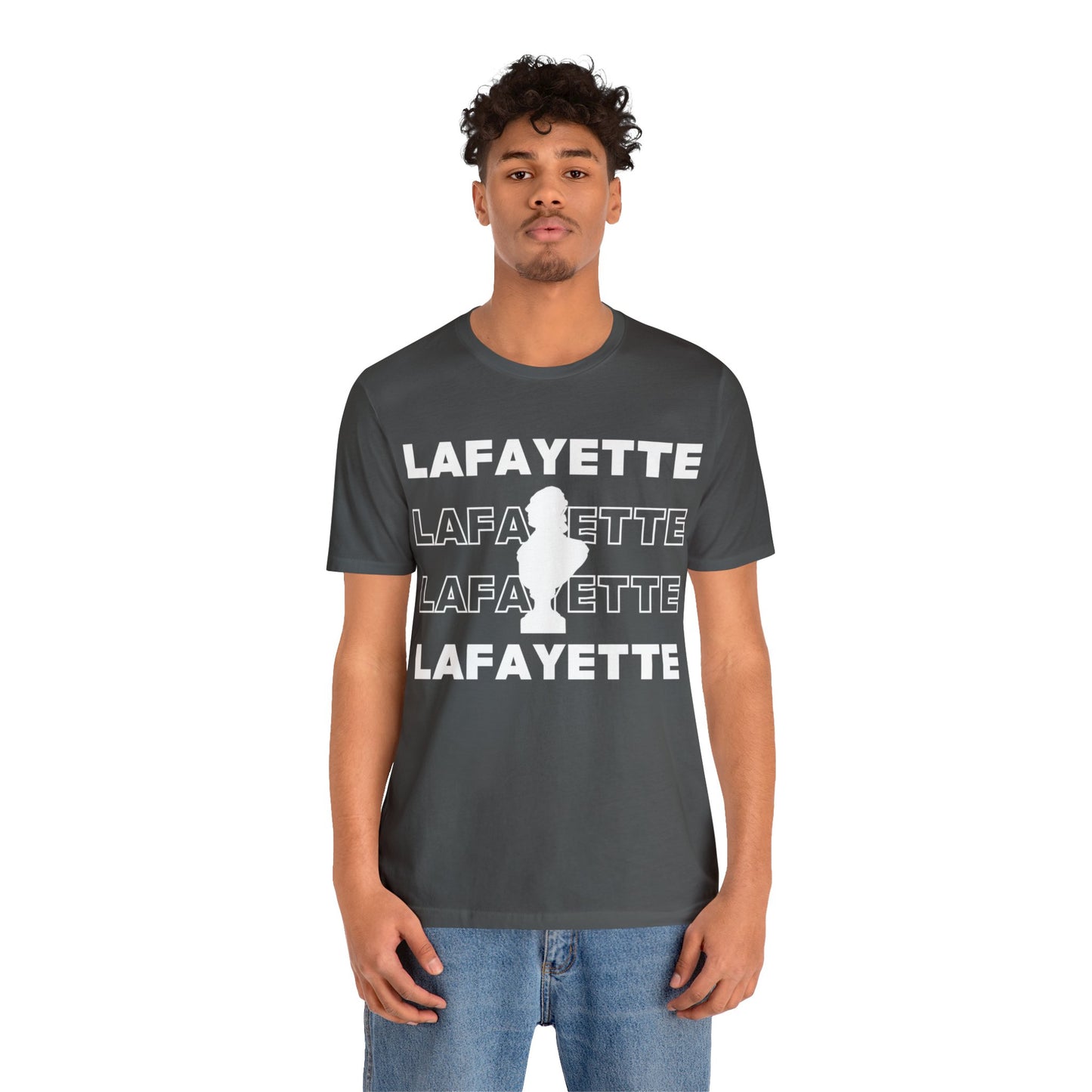 Lafayette Bust Silhouette Over White Letters - Unisex Jersey Short Sleeve - The Nation's Guest, Marquis de Lafayette