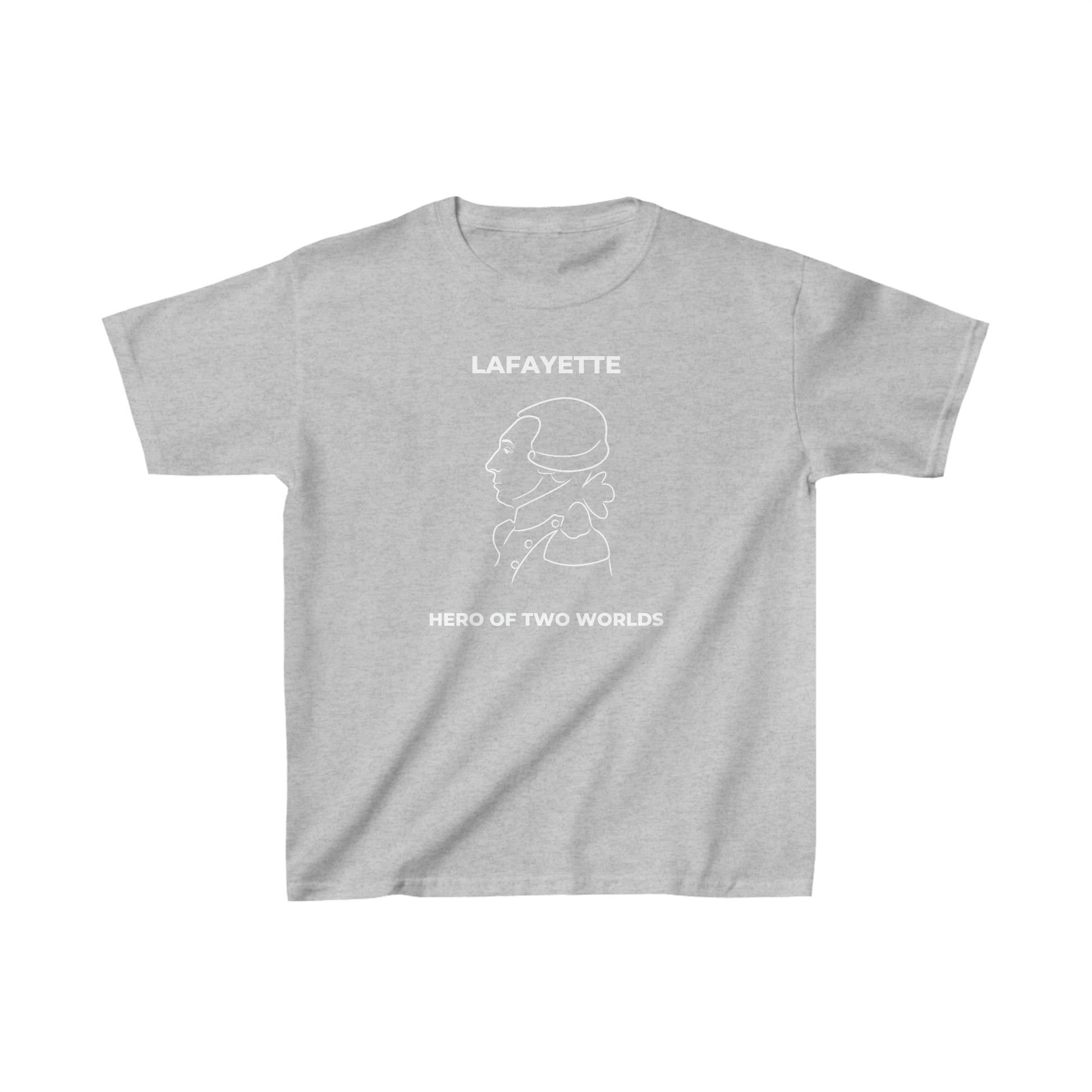 kid's t-shirt with a line drawing portrait of the Marquis de Lafayette on the t-shirt with Hero of Two Worlds under the line drawing