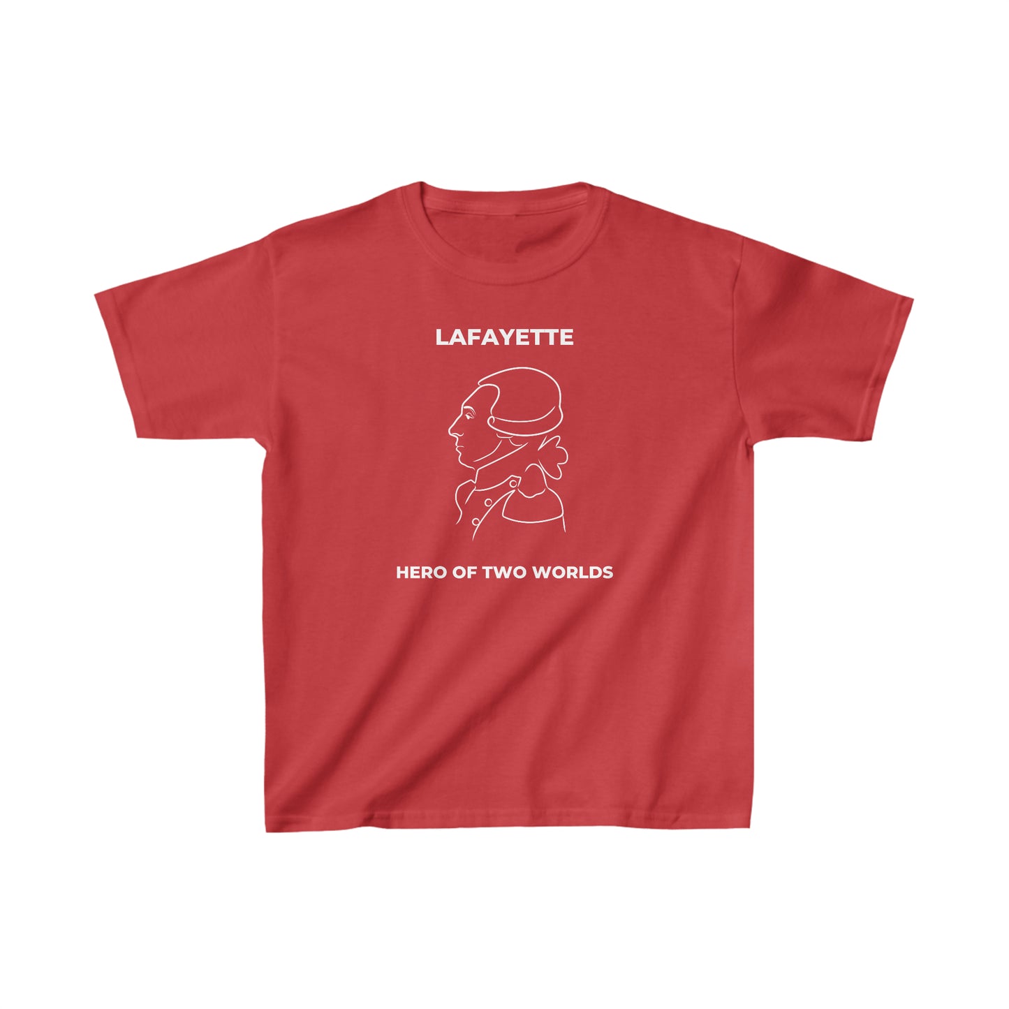 kid's t-shirt with a line drawing portrait of the Marquis de Lafayette on the t-shirt with Hero of Two Worlds under the line drawing