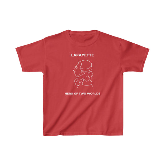 kid's t-shirt with a line drawing portrait of the Marquis de Lafayette on the t-shirt with Hero of Two Worlds under the line drawing