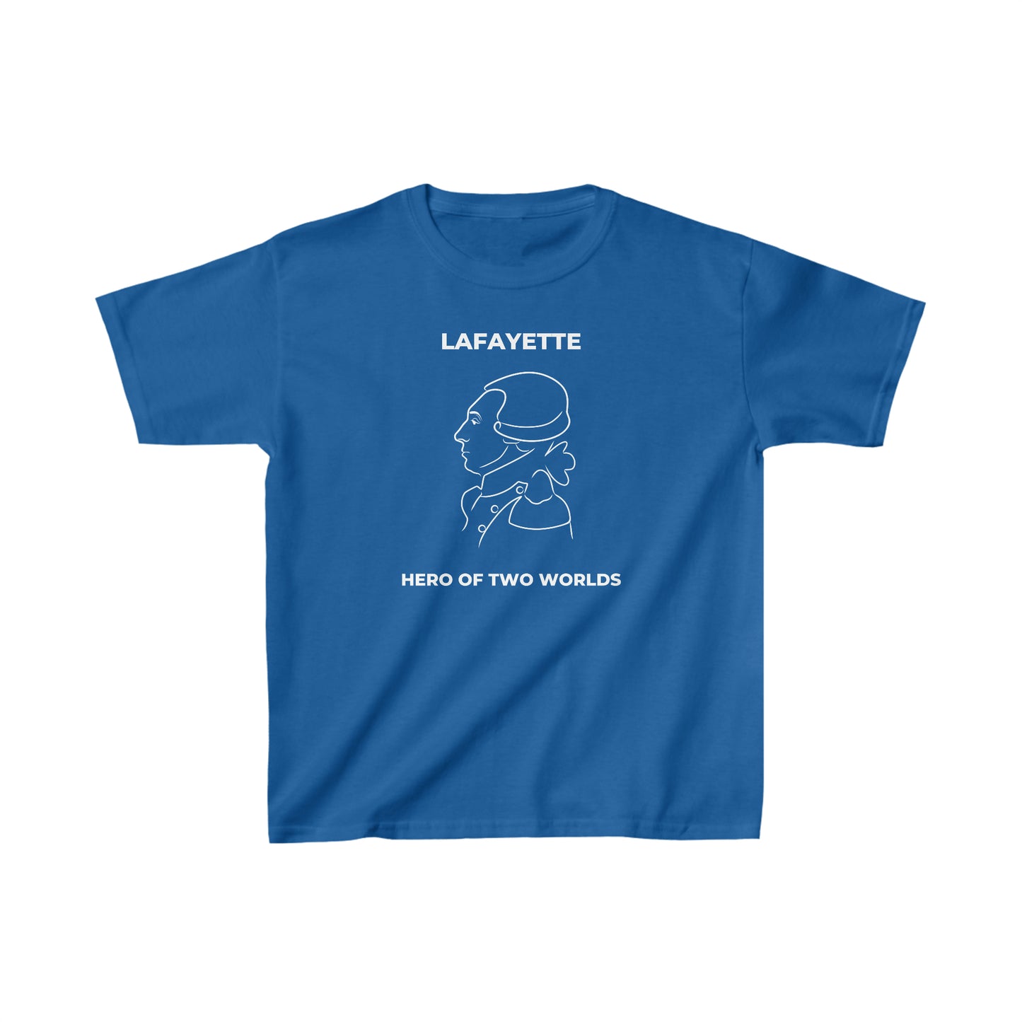 kid's t-shirt with a line drawing portrait of the Marquis de Lafayette on the t-shirt with Hero of Two Worlds under the line drawing