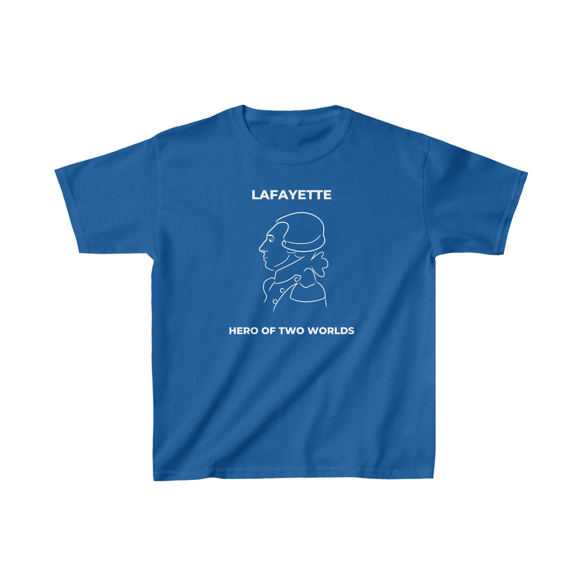 kid's t-shirt with a line drawing portrait of the Marquis de Lafayette on the t-shirt with Hero of Two Worlds under the line drawing