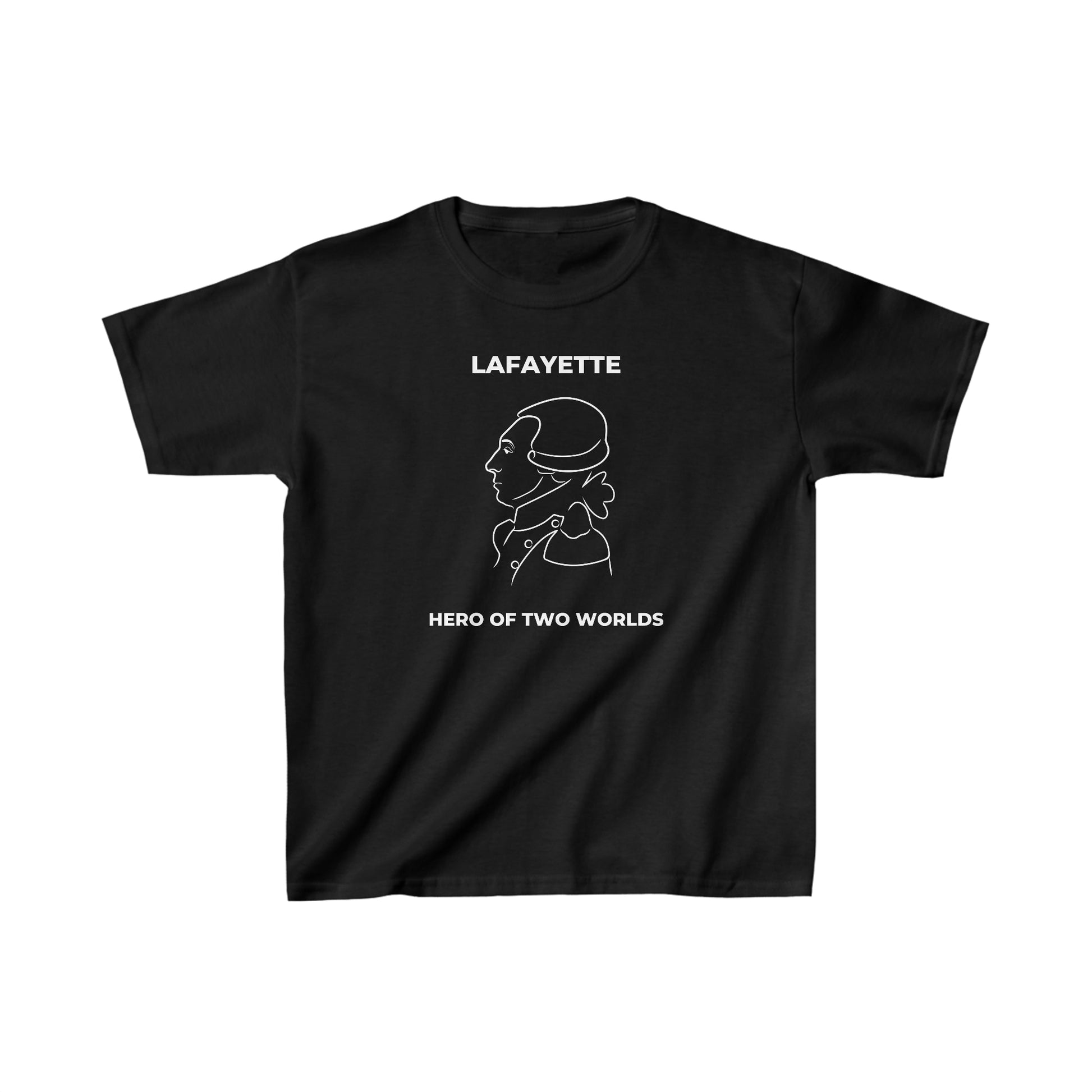 kid's t-shirt with a line drawing portrait of the Marquis de Lafayette on the t-shirt with Hero of Two Worlds under the line drawing