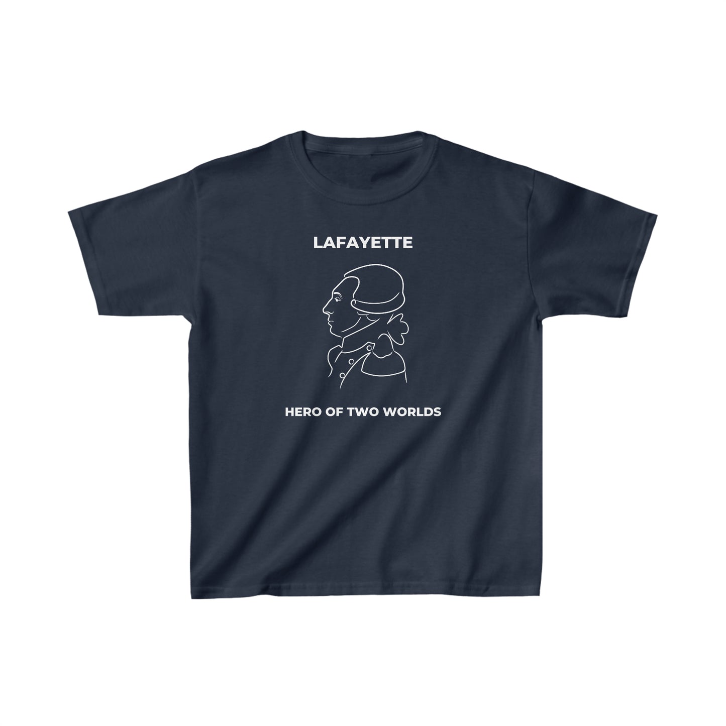 kid's t-shirt with a line drawing portrait of the Marquis de Lafayette on the t-shirt with Hero of Two Worlds under the line drawing
