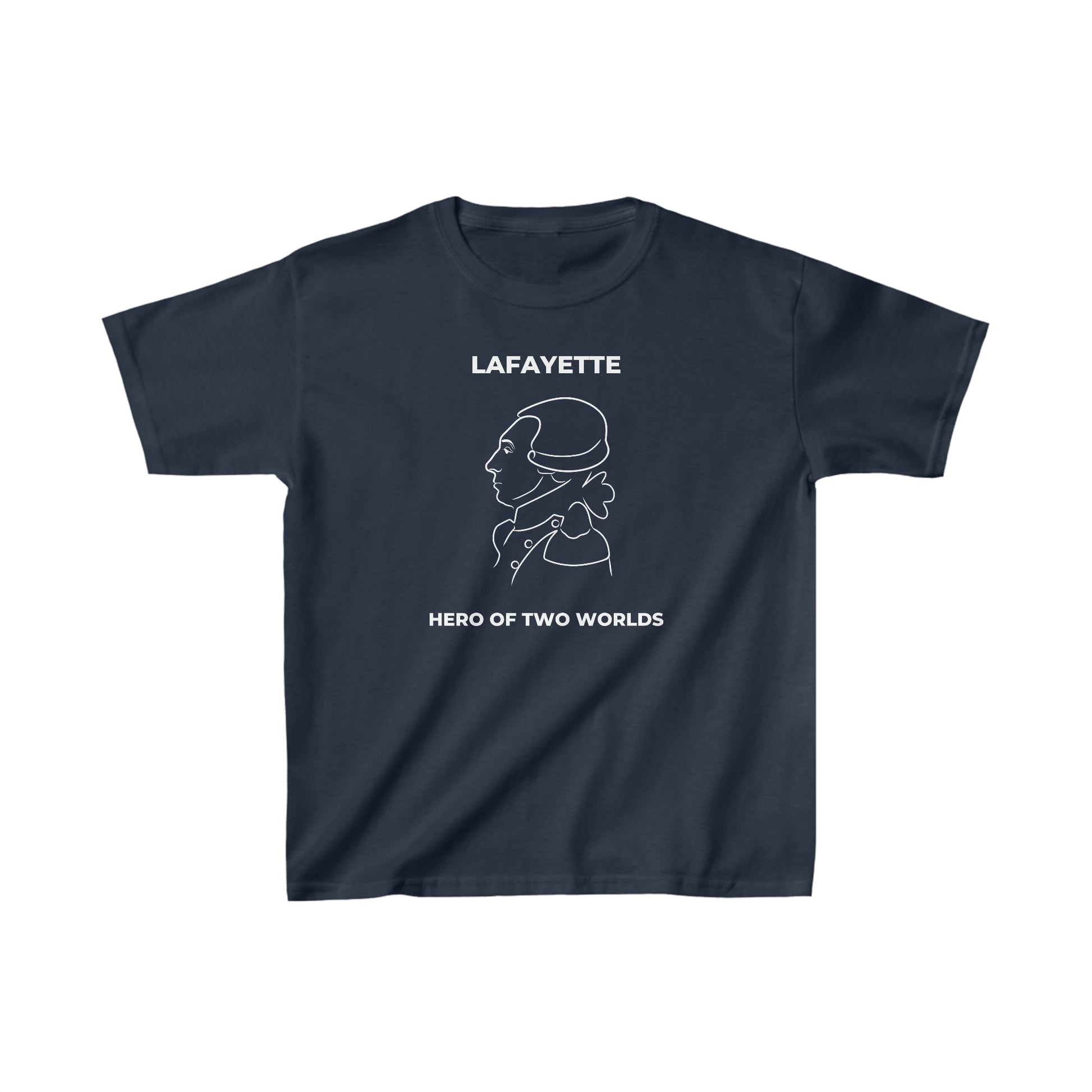 kid's t-shirt with a line drawing portrait of the Marquis de Lafayette on the t-shirt with Hero of Two Worlds under the line drawing