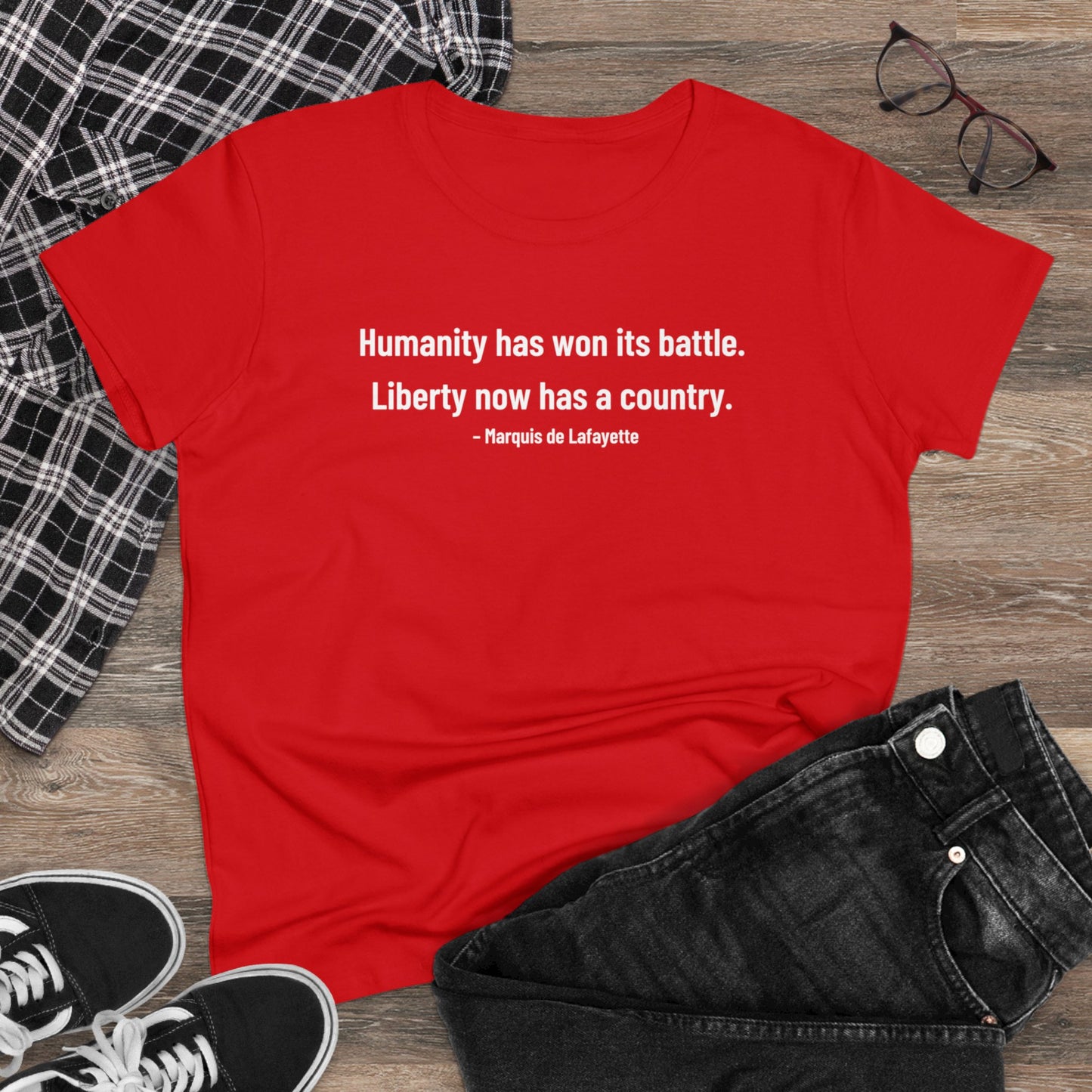 Lafayette Women's Tee Quote Cap Sleeves - Slightly Fitted Cotton - Quote, Bicentennial, Washington, Marquis, Hamilton, Humanity