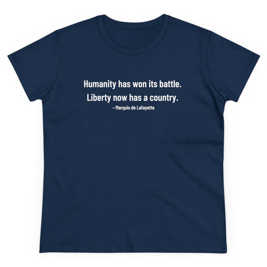 Lafayette Women's Tee Quote Cap Sleeves - Slightly Fitted Cotton - Quote, Bicentennial, Washington, Marquis, Hamilton, Humanity