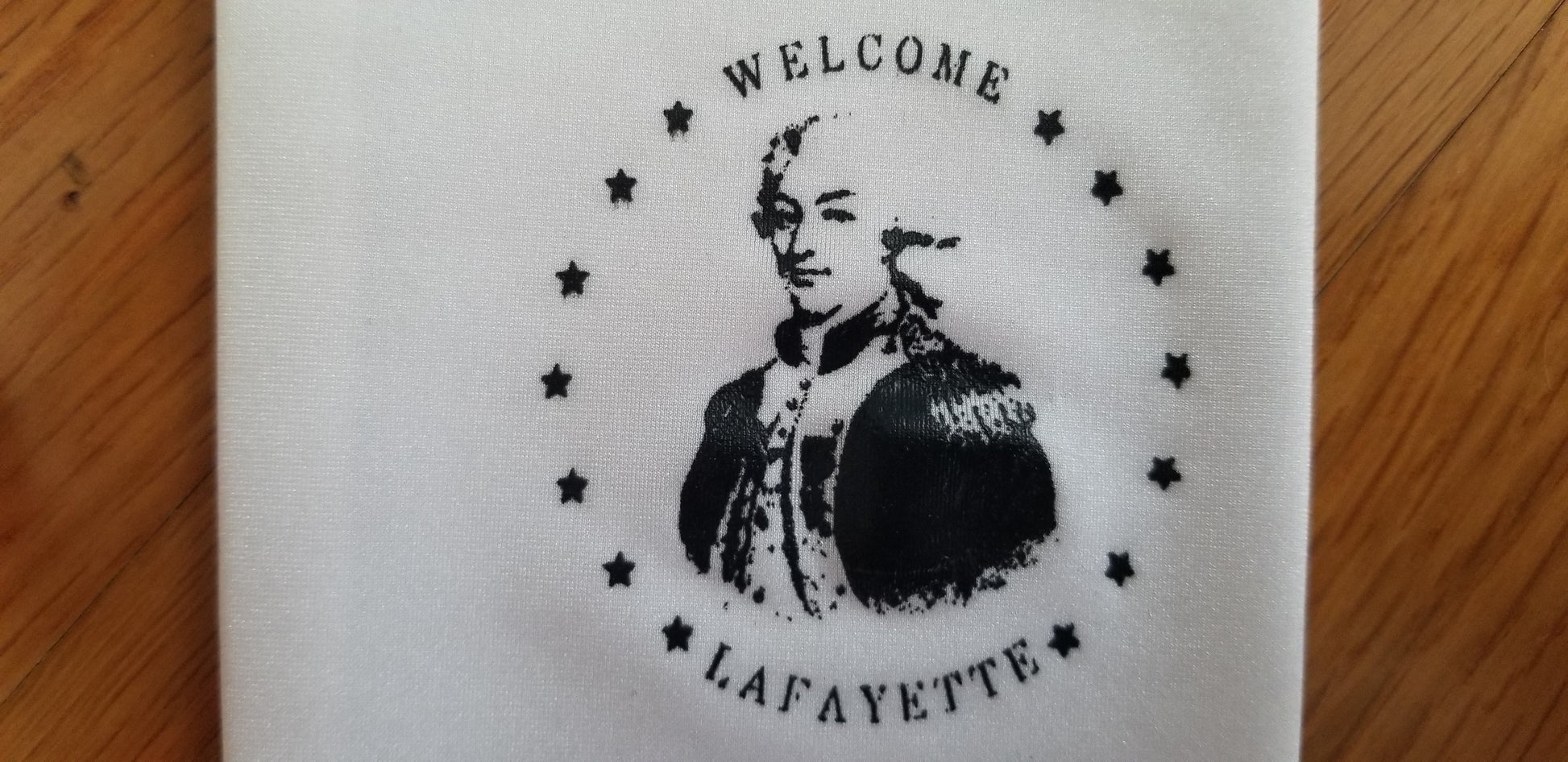 Silk screened portrait of the Marquis de Lafayette on a glove.  Lafayette gloves. Gloves to commemorate Lafayette200 and the Marquis de Lafayette Regency Ball Gloves.