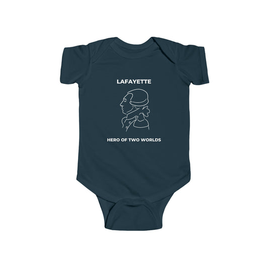 Lafayette Hero of Two Worlds on the front of a baby one-piece bodysuit