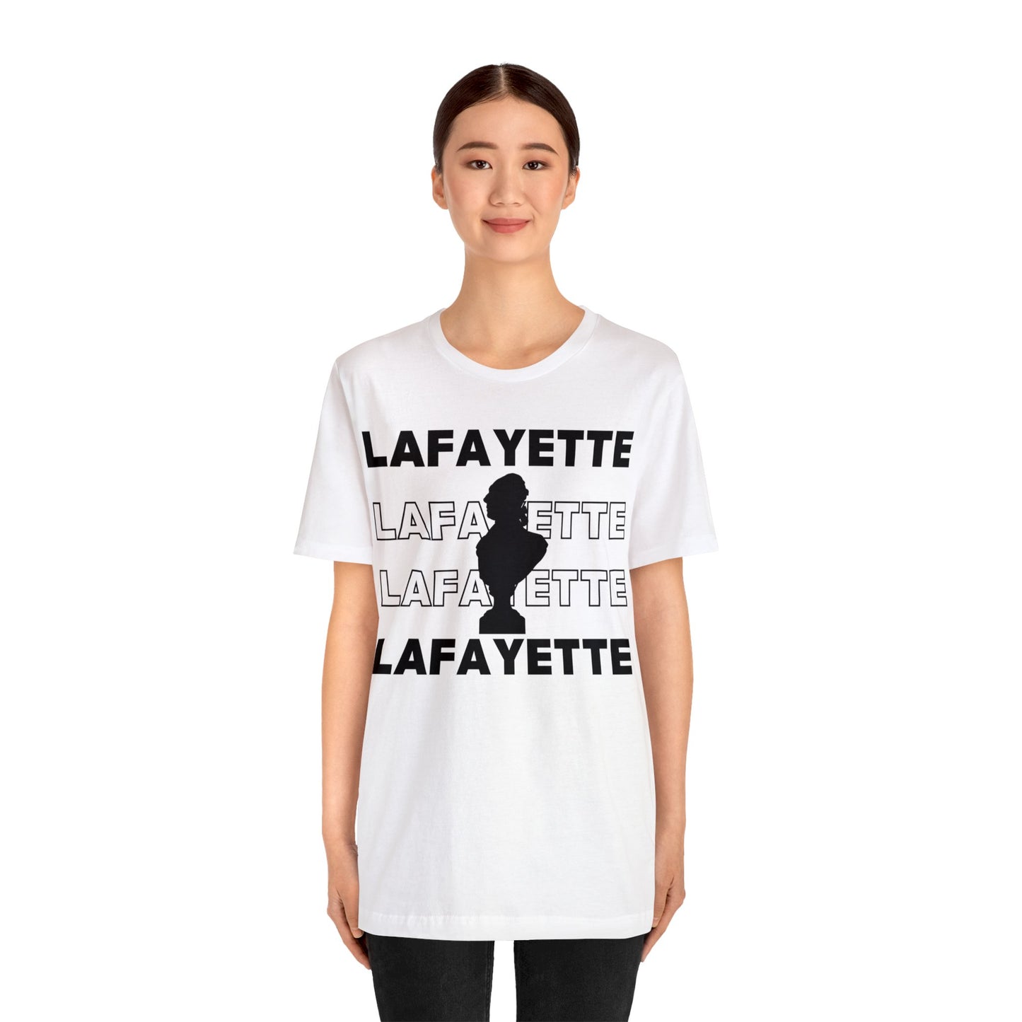 Lafayette Bust Silhouette Over White Letters - Unisex Jersey Short Sleeve - The Nation's Guest, Marquis de Lafayette