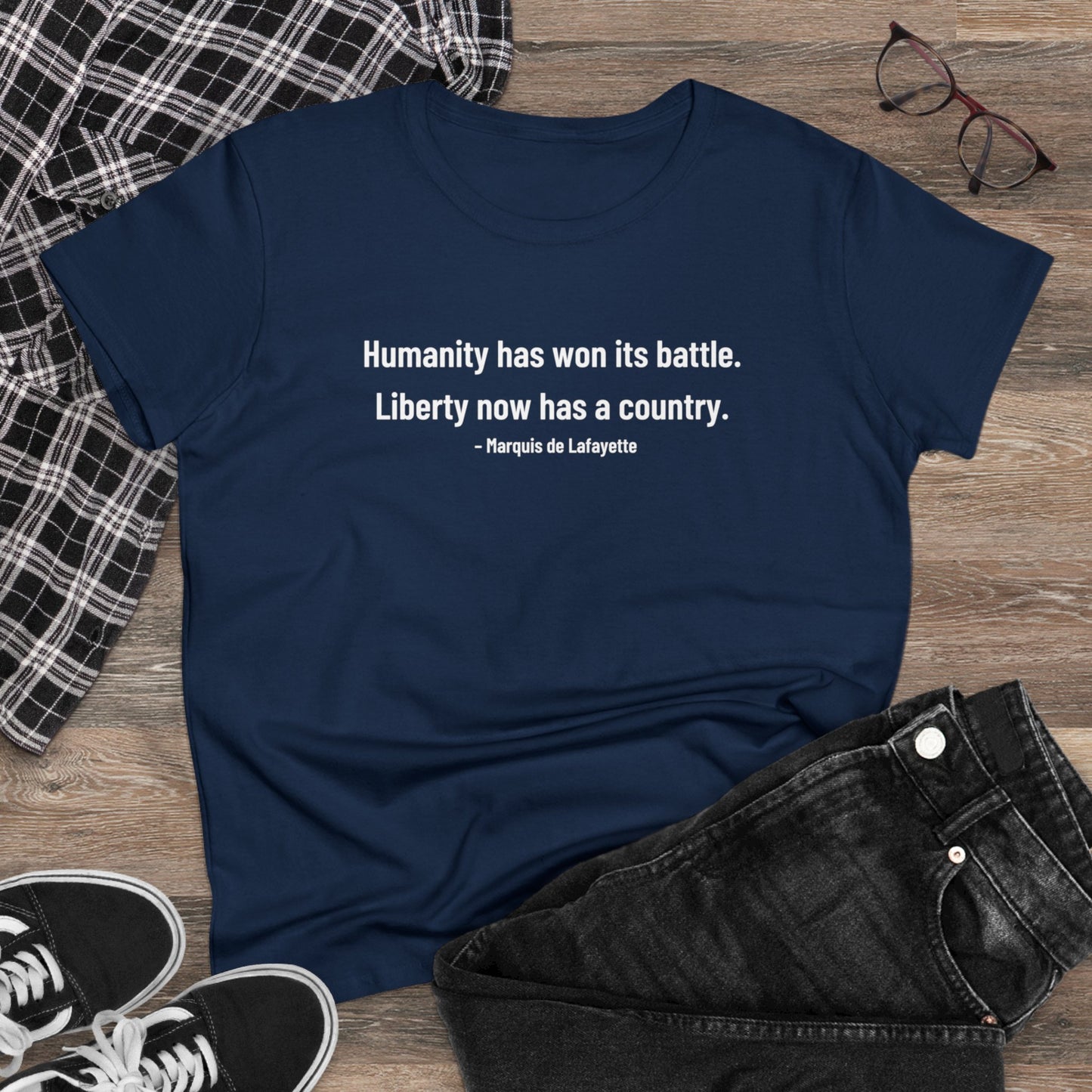Lafayette Women's Tee Quote Cap Sleeves - Slightly Fitted Cotton - Quote, Bicentennial, Washington, Marquis, Hamilton, Humanity