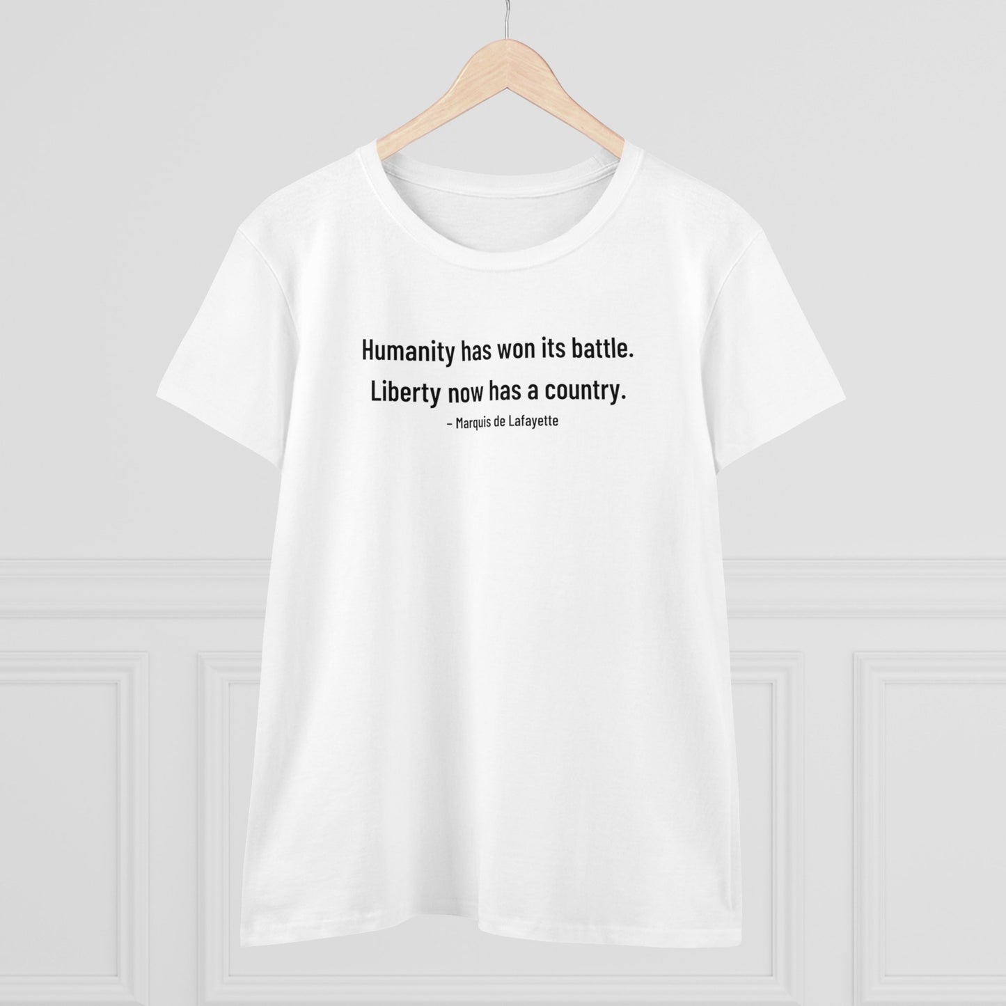 Lafayette Women's Tee Quote Cap Sleeves - Slightly Fitted Cotton - Quote, Bicentennial, Washington, Marquis, Hamilton, Humanity
