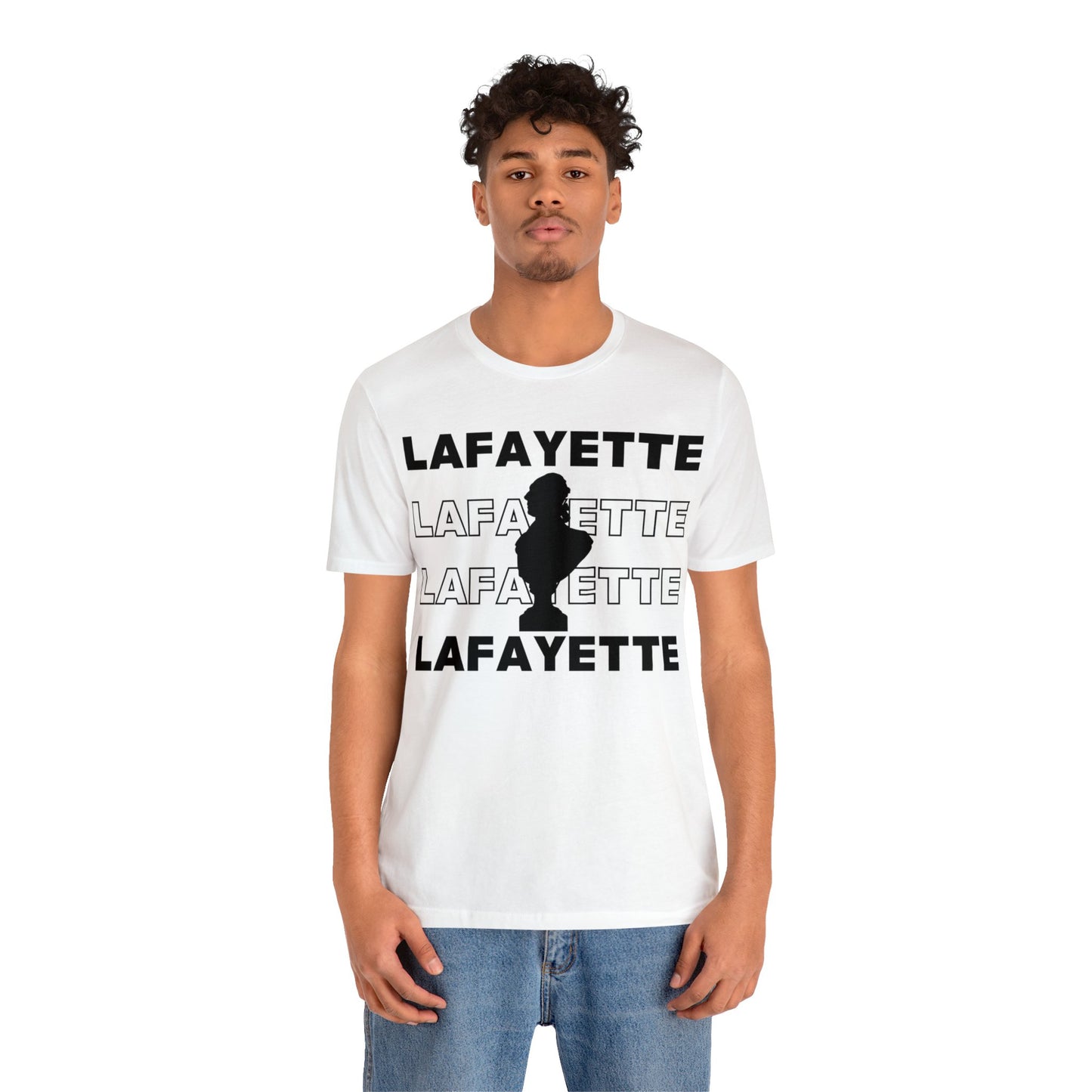 Lafayette Bust Silhouette Over White Letters - Unisex Jersey Short Sleeve - The Nation's Guest, Marquis de Lafayette