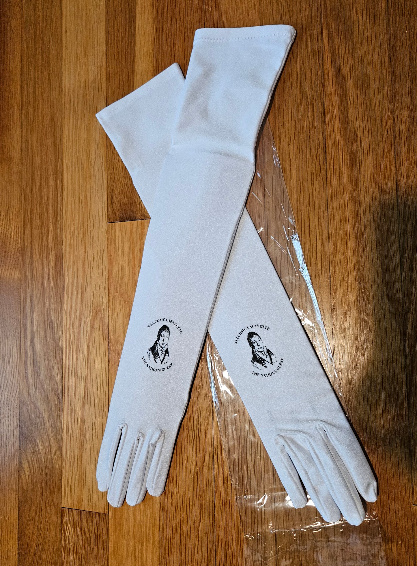 Welcome Lafayette Long Formal Celebration Gloves - 1820's Gentleman Lafayette with Welcome Lafayette Emblem