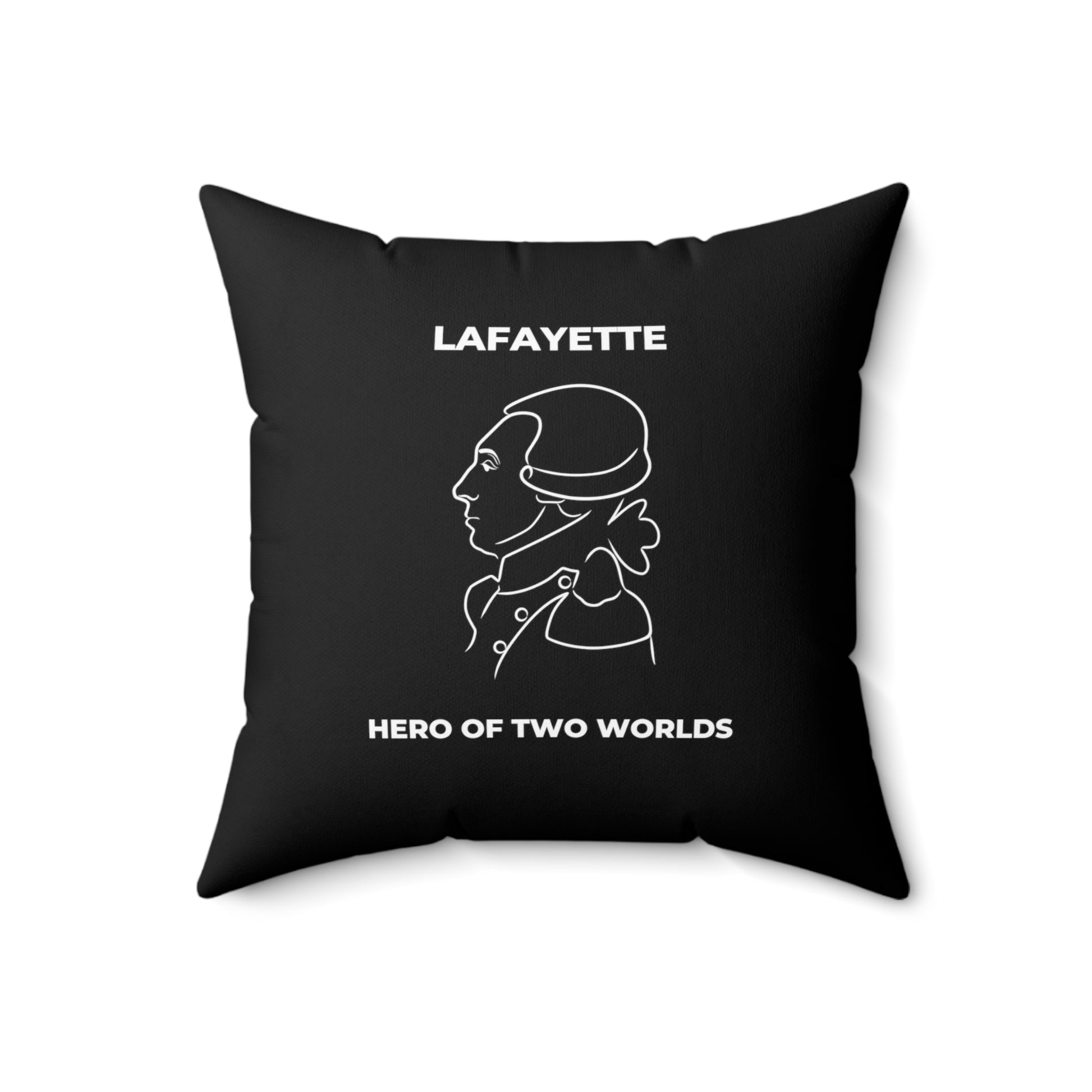 Lafayette Pillow with line drawing of the Marquis de Lafayette and Hero of Two Worlds below the portrait