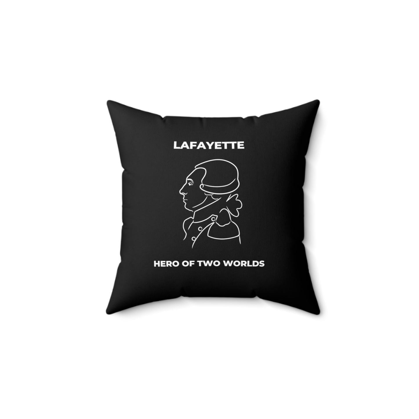 Lafayette Pillow with line drawing of the Marquis de Lafayette and Hero of Two Worlds below the portrait