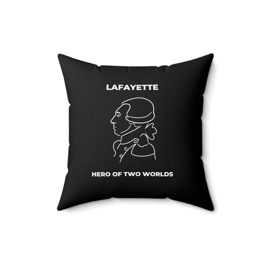 Lafayette Pillow with line drawing of the Marquis de Lafayette and Hero of Two Worlds below the portrait