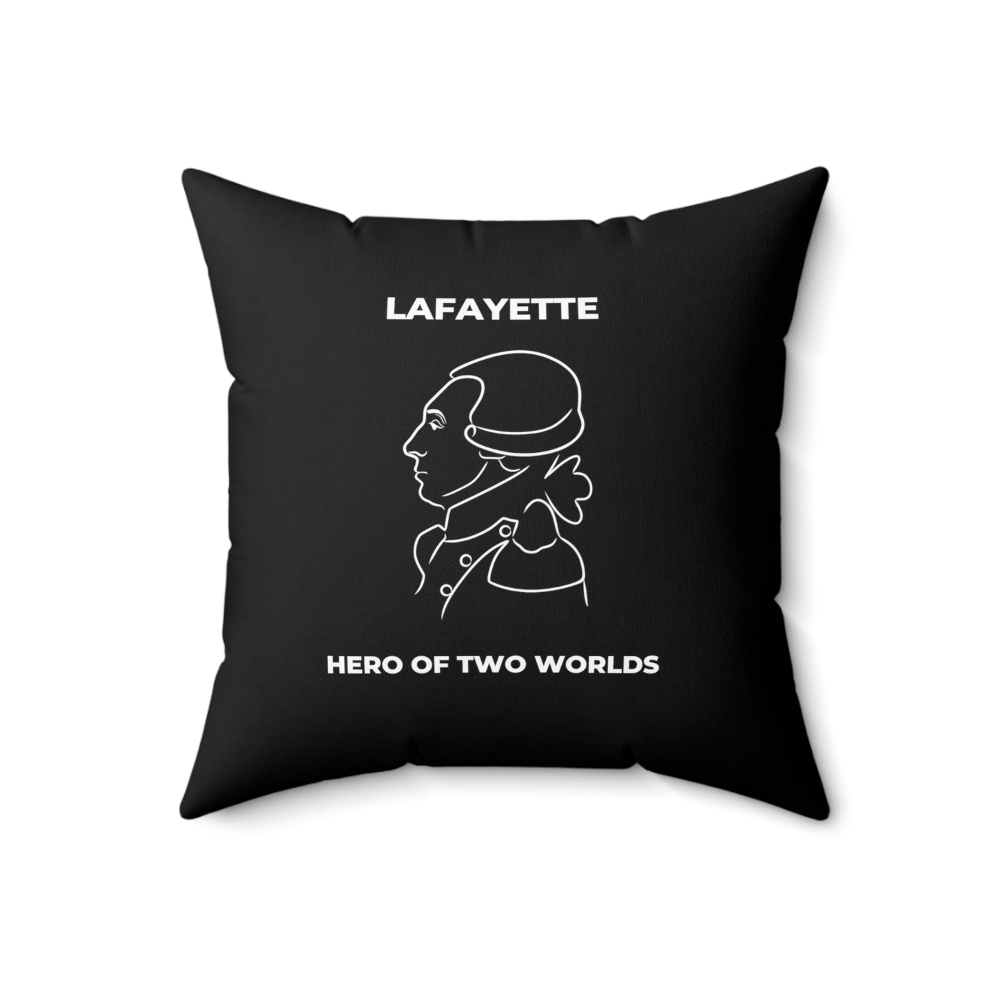 Lafayette Pillow with line drawing of the Marquis de Lafayette and Hero of Two Worlds below the portrait
