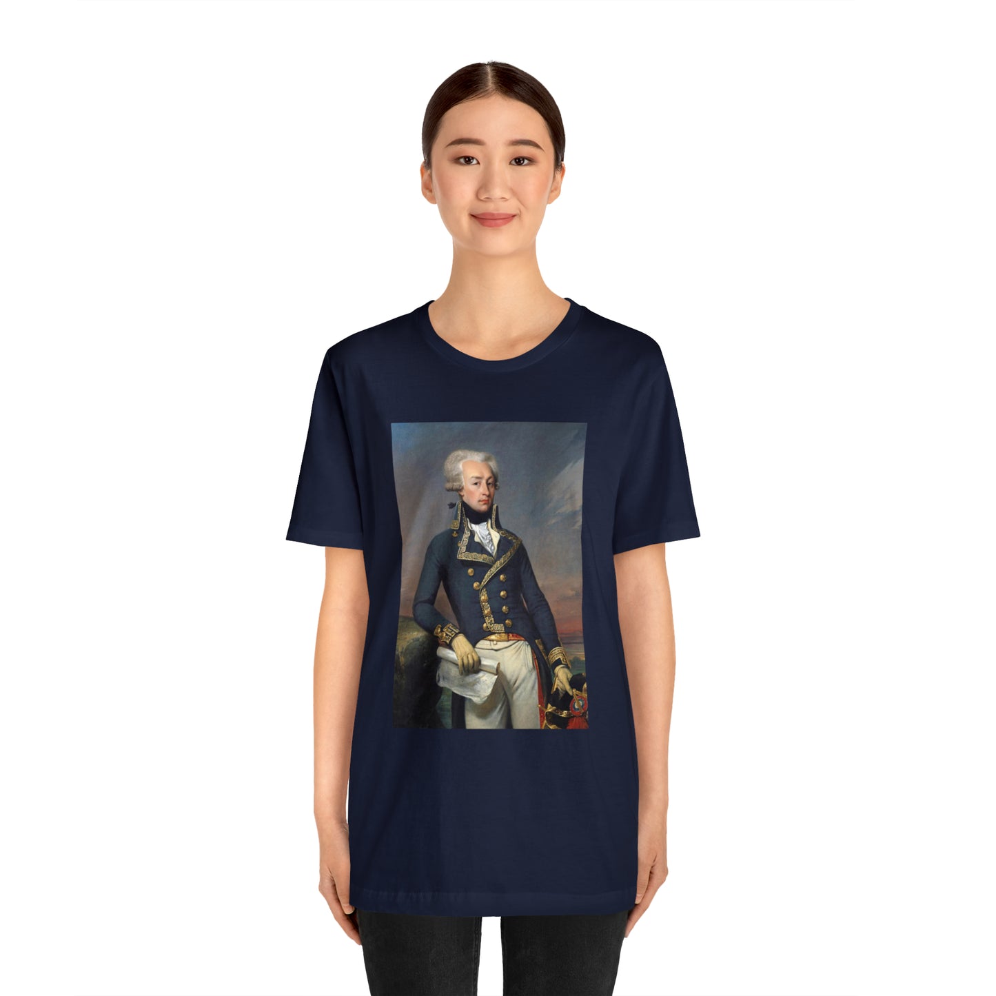 Person or people wearing Lafayette Marquis de Lafayette t-shirt with portrait painting