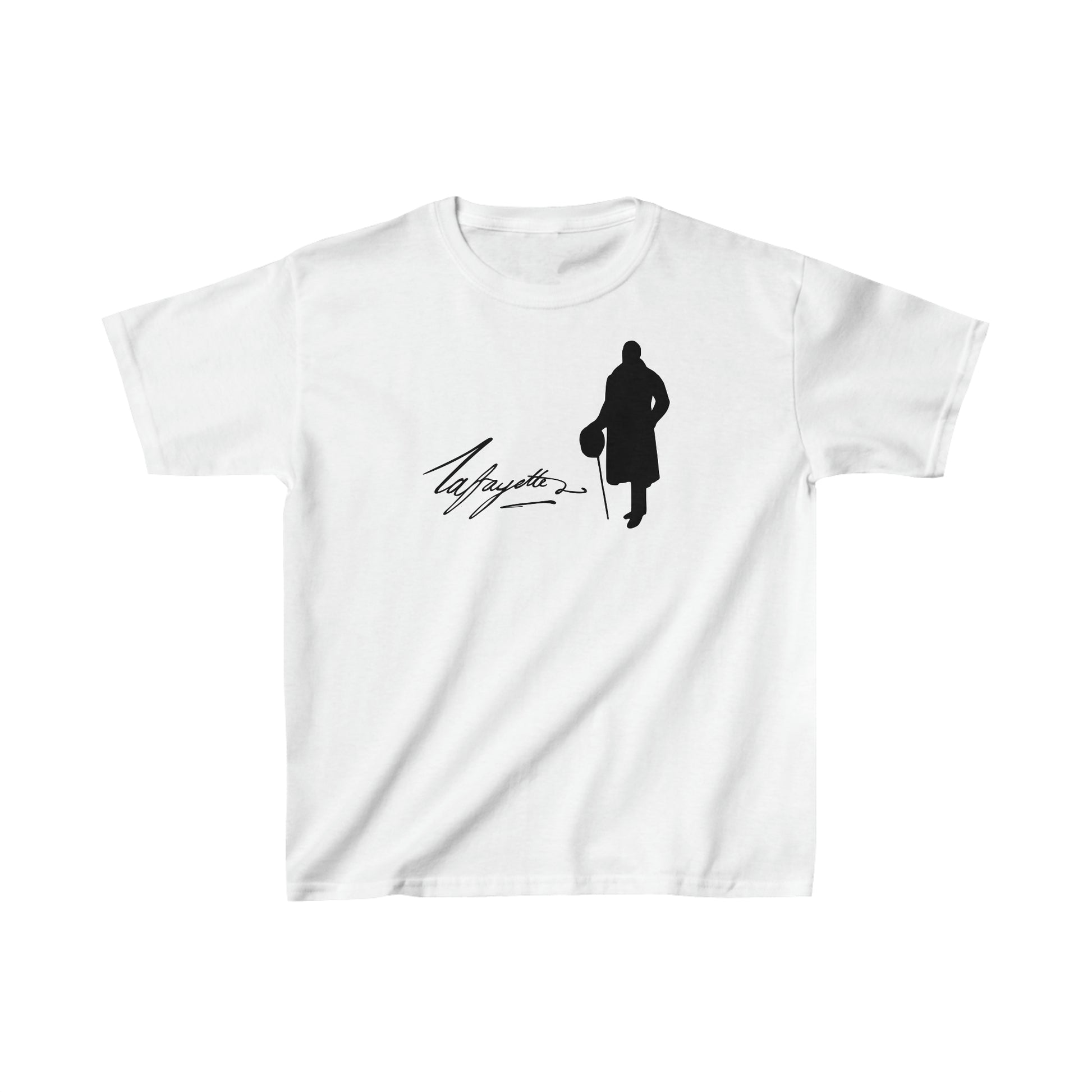 t-shirt with the Marquis de Lafayette's silhouette and the Marquis de Lafayette's signature taken from a letter by the Marquis de Lafayette on the front of the kid's t-shirt