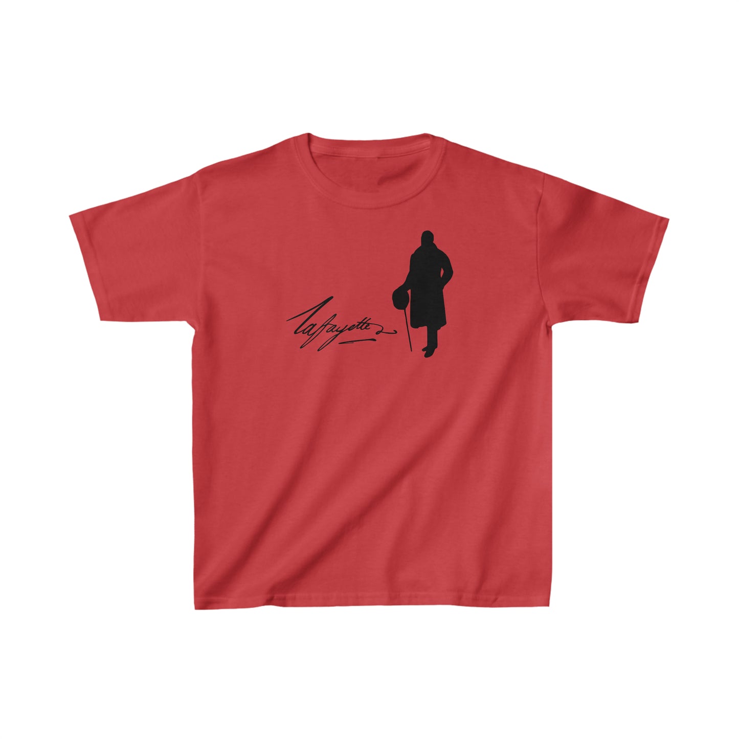 t-shirt with the Marquis de Lafayette's silhouette and the Marquis de Lafayette's signature taken from a letter by the Marquis de Lafayette on the front of the kid's t-shirt