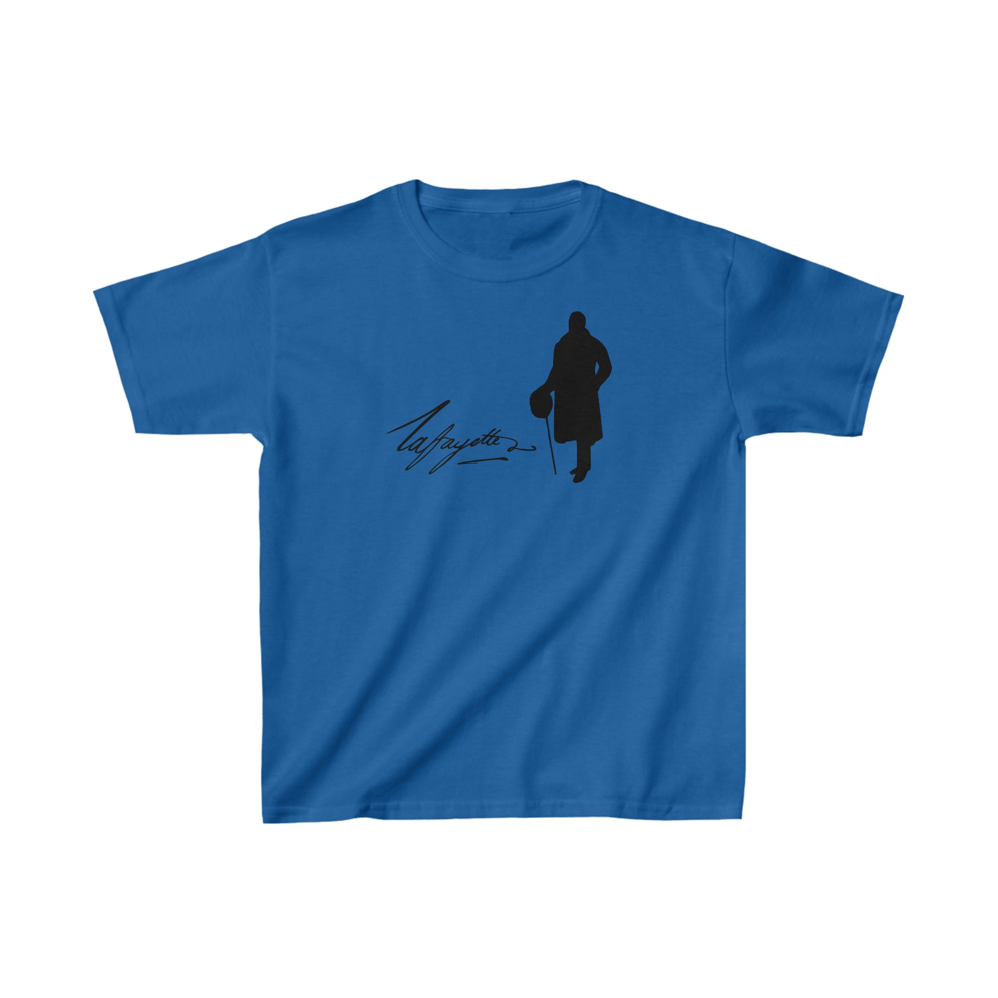 t-shirt with the Marquis de Lafayette's silhouette and the Marquis de Lafayette's signature taken from a letter by the Marquis de Lafayette on the front of the kid's t-shirt