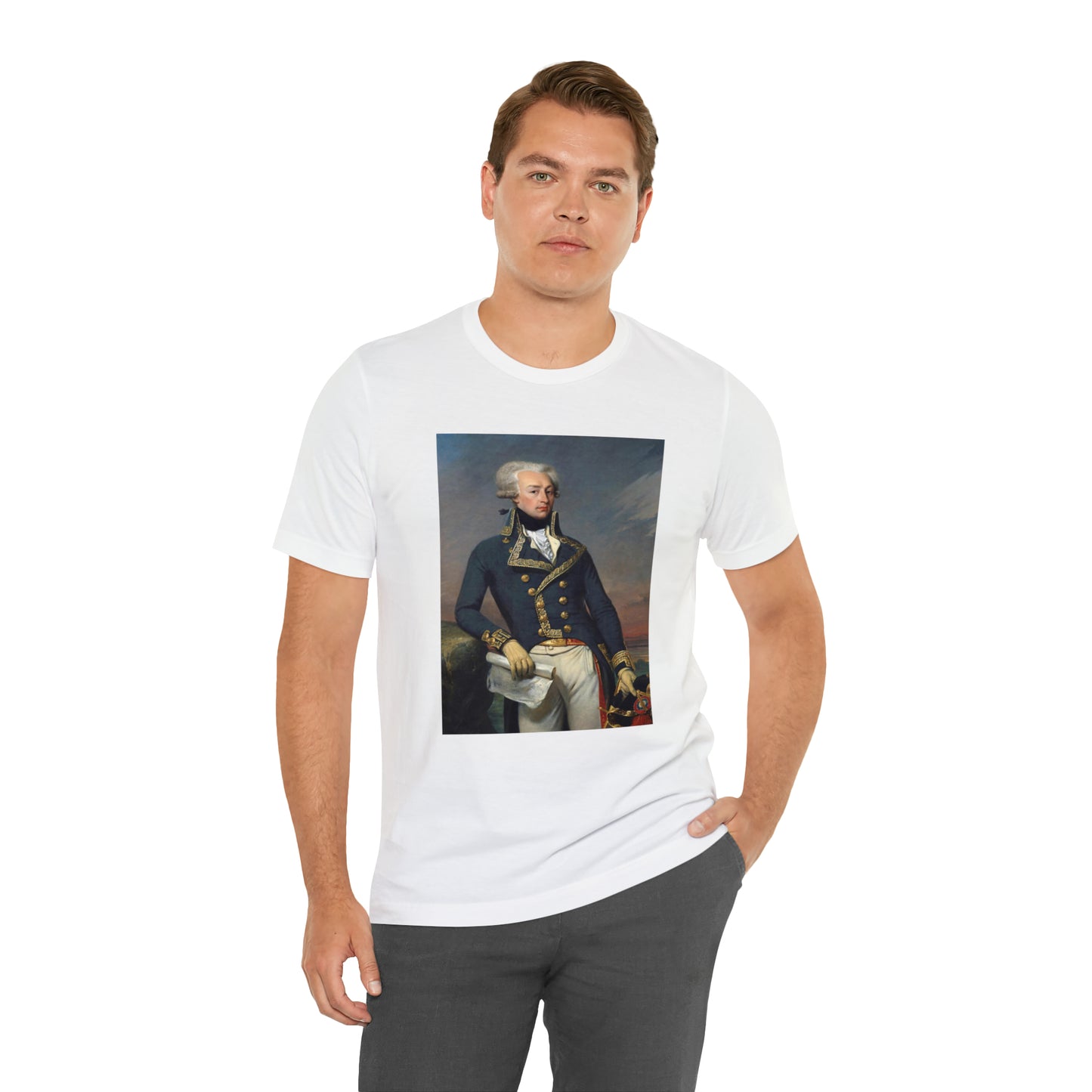 Person or people wearing Lafayette Marquis de Lafayette t-shirt with portrait painting