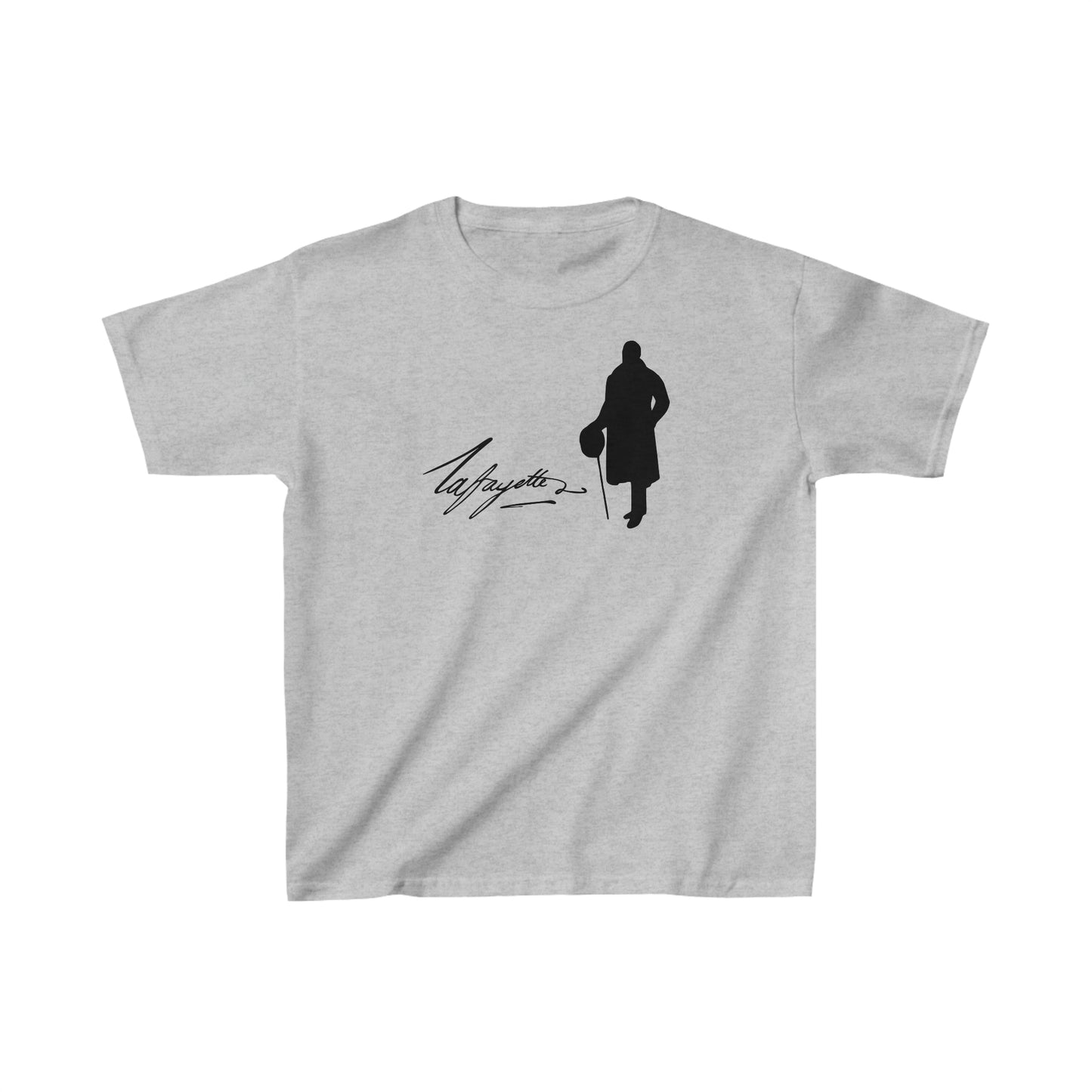 t-shirt with the Marquis de Lafayette's silhouette and the Marquis de Lafayette's signature taken from a letter by the Marquis de Lafayette on the front of the kid's t-shirt