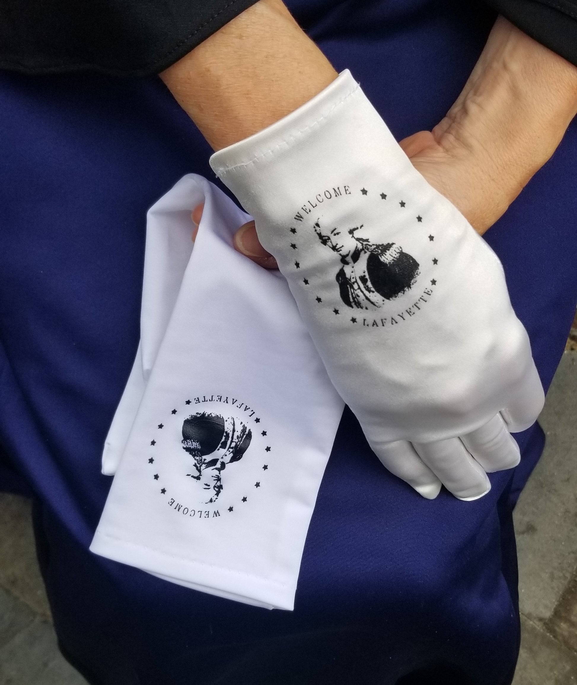 Marquis de Lafayette portrait printed on matte satin Regency Ball gloves