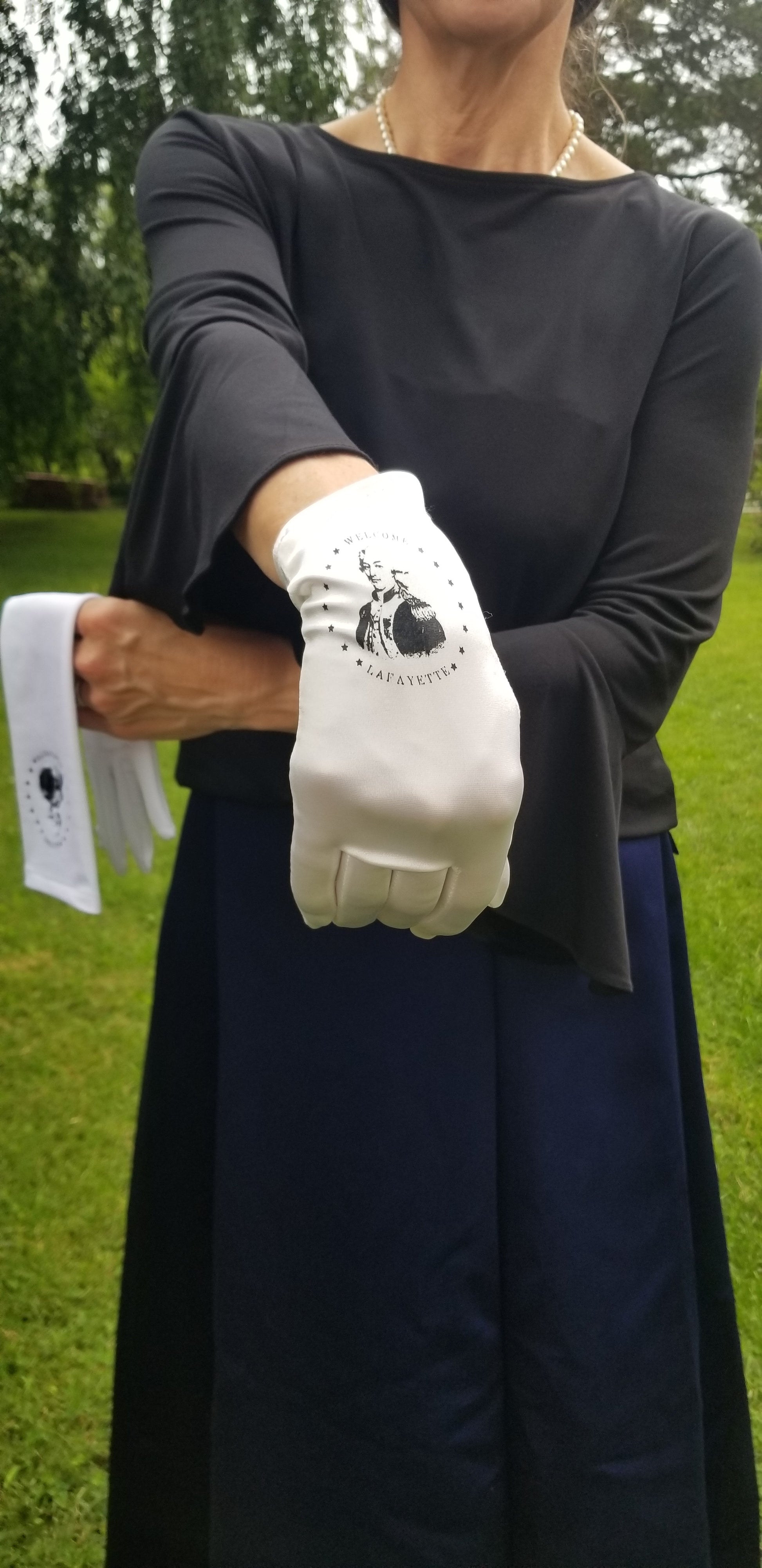 Marquis de Lafayette portrait printed on matte satin gloves.  Lafayette gloves. Gloves to commemorate Lafayette200 and the Marquis de Lafayette Regency Ball Gloves.