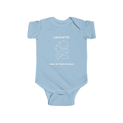 Lafayette Hero of Two Worlds on the front of a baby one-piece bodysuit