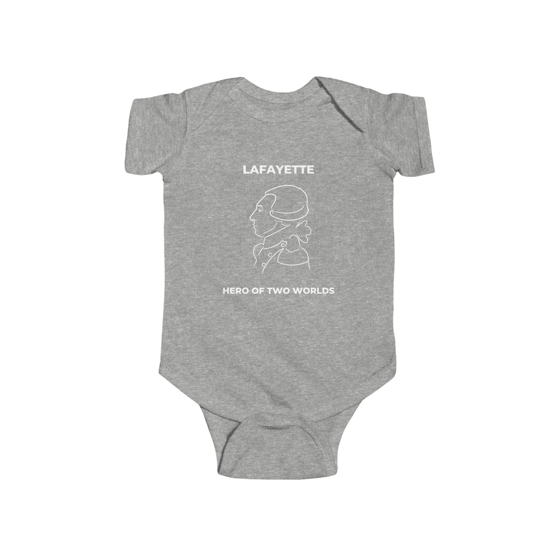 Lafayette Hero of Two Worlds on the front of a baby one-piece bodysuit